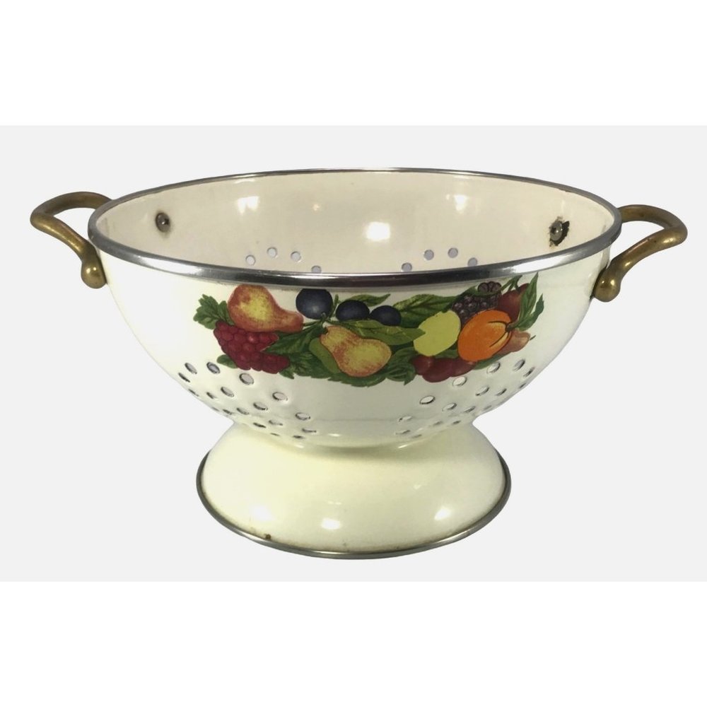 Vintage Regency Club Cream-Colored Enamel Colander Strainer with Fruit Design